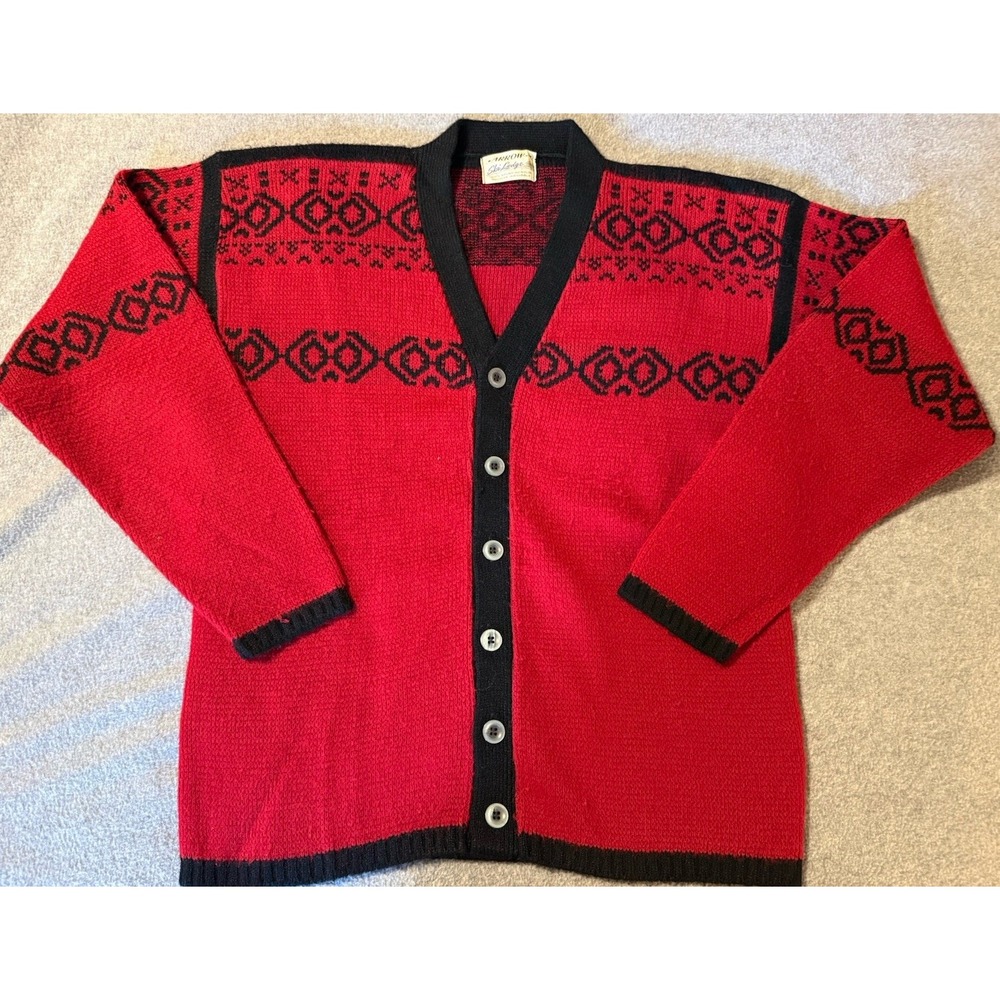 VTG MCM Ski Lodge Cardigan Sweater Arrow Red Black Orlon Acrylic 50s-60s Medium